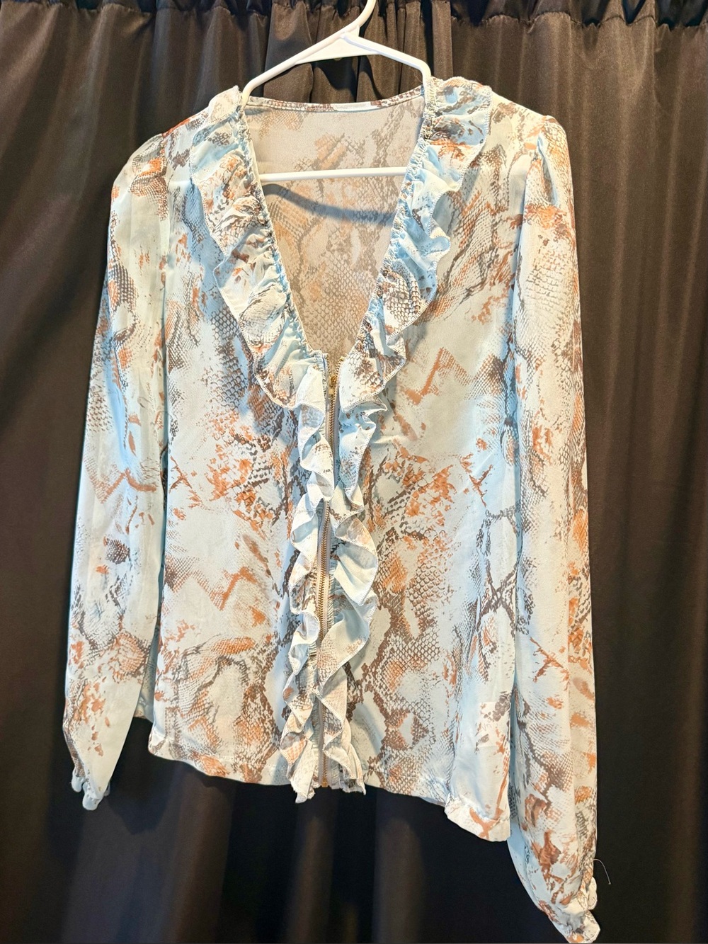 Nicole Light Blue Ruffle-Front Snake Print Blouse, never worn